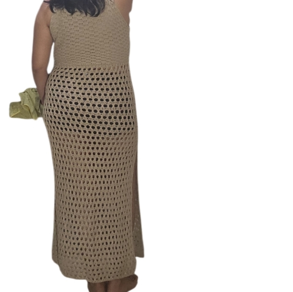 Crochet Cover Up Beach Hollow Out Sleeveless Bikini Swimsuit Side Split Dress - Picture 5 of 16